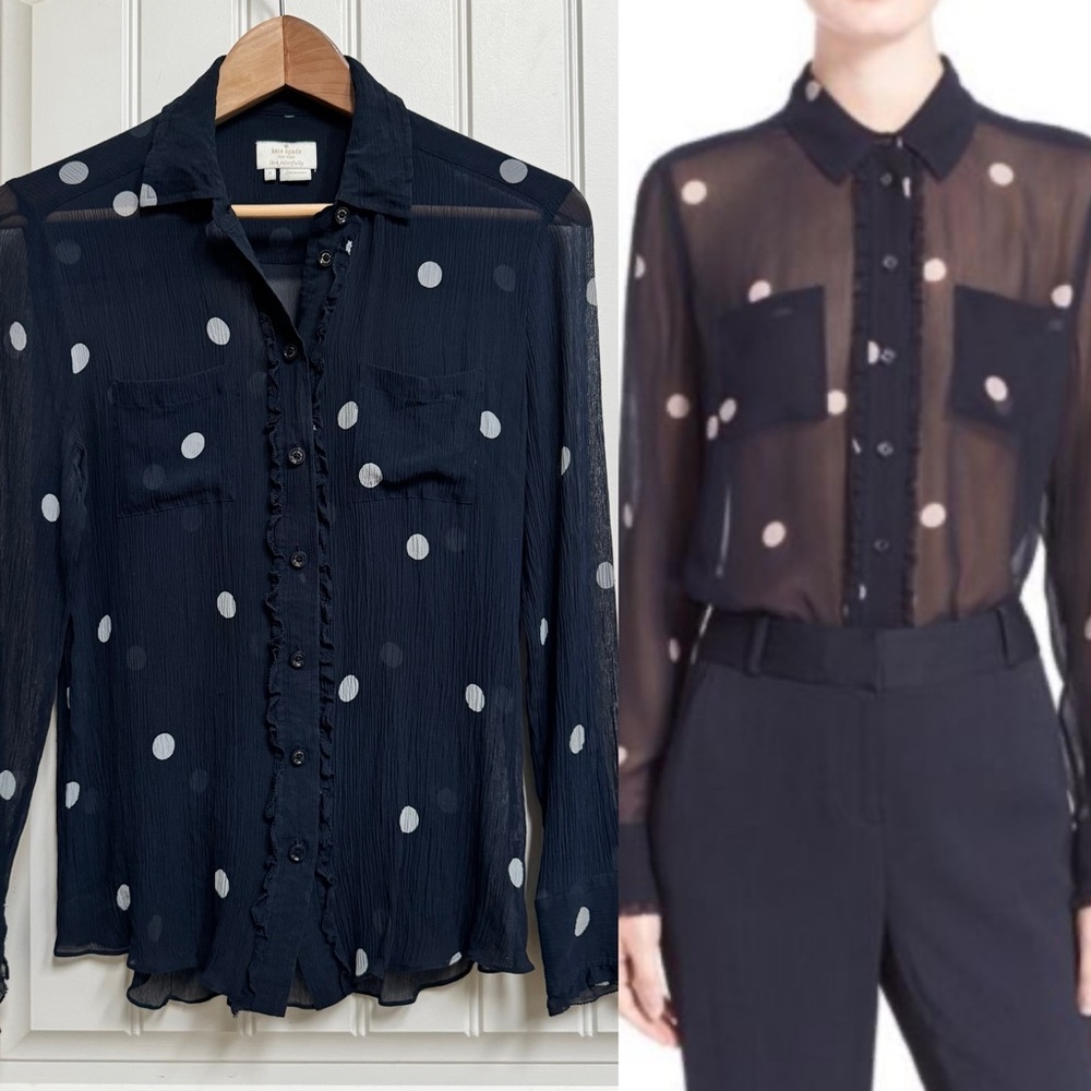 Kate Spade Sheer Black & White Polka Dot Silk Chiffon Ruffled Blouse. Size S